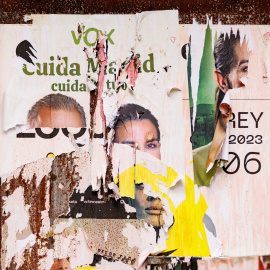  Carteles deteriorados de VOX para las elecciones del 28 de mayo, a 26 de mayo de 2023, en Madrid (España).- EUROPA PRESS