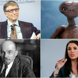 Bill Gates (arriba a la izquierda), ET (arriba a la derecha), Irene Montero (bajo a la izquierda) y Lenin (bajo a la derecha).
