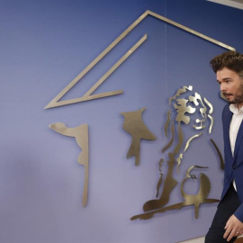 El portavoz de ERC en el Congreso, Gabriel Rufián, durante la rueda de prensa ofrecida