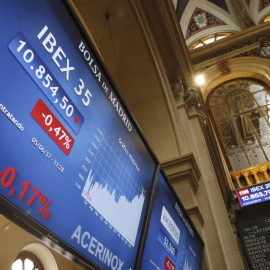 Panel informativo de la Bolsa de Madrid. EFE/Fernando Alvarado