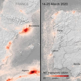Diferencias en las concentraciones de dióxido de nitrógeno, uno de los principales contaminantes emitidos por los vehículos y la industria, entre marzo del año pasado y este en España. / ESA