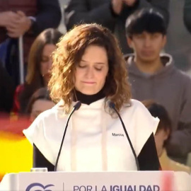 Captura de video de la intervención de la presidenta de la Comunidad de Madrid, Isabel Diaz Ayuso, durante la manifestación de este domingo convocada por el PP