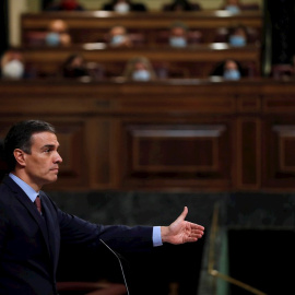El presidente del Gobierno, Pedro Sánchez, durante su intervención en el pleno del Congreso. EFE/ Emilio Naranjo