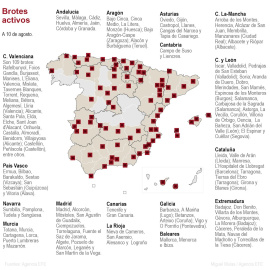 Mapa de brotes activos en España, a 10 de agosto de 2020. Efe.