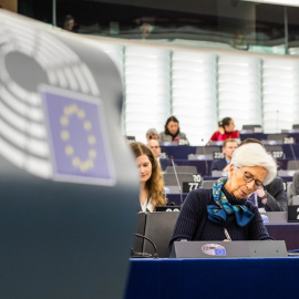 La presidenta del BCE, en el Pleno del Parlamento Europeo, en Estrasburgo, para presentar el informe anual de la entidad. E.P/DPA/Philipp von Ditfurth