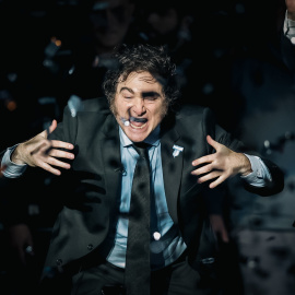 El presidente de Argentina, Javier Milei, habla durante el lanzamiento de su libro 'Capitalismo, socialismo y la trampa neoclásica', en el estadio Luna Park en Buenos Aires (Argentina). EFE/ Juan Ignacio Roncoroni