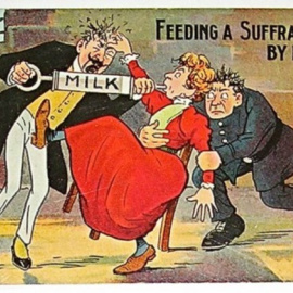  Dibujo de una sufragista siendo alimentada contra su voluntad.