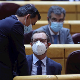El portavoz del PP en la cámara alta, Javier Maroto, durante la sesión del control al Gobierno celebrada este martes en el Senado. EFE/Kiko Huesca