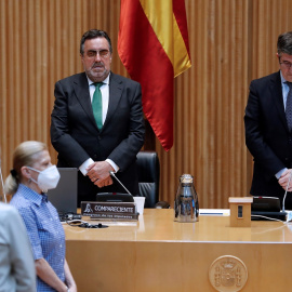 El presidente la ONCE, Miguel Carballeda (i) y el presidente de la Comisión para la Reconstrucción, el socialista Patxi López (d) durante el minuto de silencio por las víctimas del coronavirus. E.P./Pool