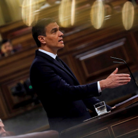 El presidente del Gobierno, Pedro Sánchez, durante su intervención ante el pleno del Congreso que vota este miércoles la última prórroga del estado de alarma. /EFE