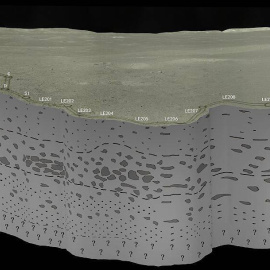 Estratigrafía del subsuelo lunar registrada por radar del rover chino Yutu-2 durante un recorrido de 106 metros (del punto A al LE210) en la cara oculta de la Luna. / CLEP/CRAS/NAOC