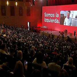 Felipe González, expresidente del Gobierno, durante su saludo, grabado en video desde Colombia, a los delegados del Congreso Federal del PSOE, que se ha inaugurado esta mañana en Madrid. EFE/EFE TV