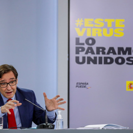 2/09/2020.- El ministro de Sanidad, Salvador Illa, ofrece una rueda de prensa en el Palacio de la Moncloa posterior al Consejo de Ministros en la que se ha aprobado este martes la norma que regirá el teletrabajo en España tras el acuerdo logrado anoche 