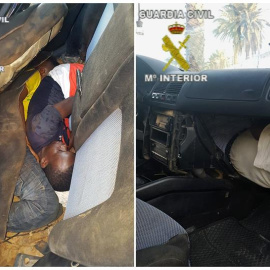 Combo de fotografías de los inmigrantes y el coche que ha intentado cruzar la frontera a toda velocidad. /EFE