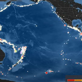 Localización de terremotos en el océano Índico oriental y el anillo de fuego del Pacífico.