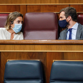 23/09/2020.- El líder del PP, Pablo Casado, conversa con la portavoz parlamentaria, Cuca Gamarra, durante la sesión de control al Gobierno este miércoles en el Congreso. EFE/ Emilio Naranjo