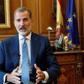 El rey Felipe VI durante su intervención por videoconferencia en la cumbre virtual con la que se conmemora el 75 aniversario de la ONU. EFE/ Francisco Gómez / Casa De S.M El Rey