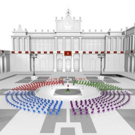 Recreación infográfica de cómo será la ceremonia civil de Estado a las víctimas de la covid-19 en la plaza de la Armería del Palacio Real. /MONCLOA