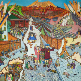 En esta pintura, Israel Bernbaum representa a niños judíos en el gueto de Varsovia y en los campos de exterminio. / Propiedad de la Colección Permanente de la Universidad Estatal de Montclair (EE UU)