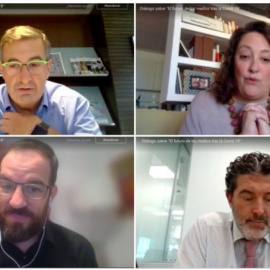 Los directores de 'Público', 'La Vanguardia', 'laSexta' y 'ABC' durante el encuentro informativo '‘El futuro de los medios tras la covid-19', organizado por Servimedia. / SERVIMEDIA