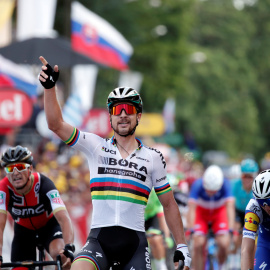 Peter Sagan levanta el brazo en señal de victoria en Longwy. /REUTERS