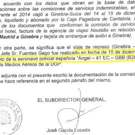 Extracto del oficio "reservado" del subinspector general de la Policía en el que se detalla el viaje de Fuentes Gago a Suiza y su regreso en la aeronave policial 'Ángel-41EC-GBB'.