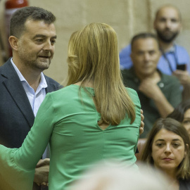 La presidenta de la Junta de Andalucía, Susana Díaz, se dirige en su escaño a Antonio Maíllo, de Izquierda Unida, tras ser investida esta tarde en el Parlamento andaluz en Sevilla como jefa del Ejecutivo regional. EFE/Julio Muñoz