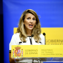 La ministra de Trabajo, Yolanda Díaz, en una comparecencia en la sede de su Departamento. E.P.