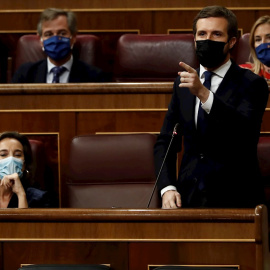 MADRID, 14/10/2020.- El líder del PP, Pablo Casado, durante su intervención en la sesión de control al Ejecutivo este miércoles en el Congreso. EFE/ Mariscal