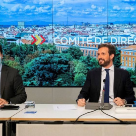 El líder del PP, Pablo Casado (d), junto al secretario general de la formación, Teodoro García-Egea (d) durante la reunión del comité de dirección. EFE