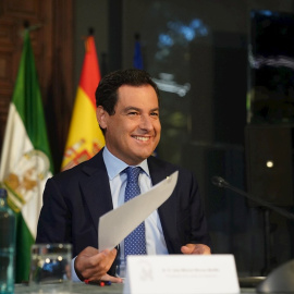 El presidente de la Junta, Juanma Moreno, durante su intervención en el pleno del Comité de las Regiones en el debate del Pacto Verde, este martes en Sevilla. / EFE -JUNTA DE ANDALUCÍA