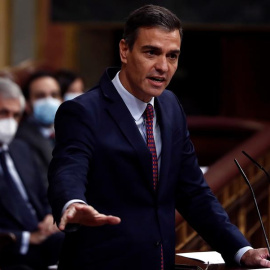 El presidente del Gobierno, Pedro Sánchez, interviene en la segunda sesión del debate de moción de censura presentada por Vox, este jueves en el Congreso. EFE/Mariscal