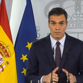 El presidente del Gobierno, Pedro Sánchez, durante su declaración sobre la situación de la pandemia de la covid-19, en el Palacio de la Moncloa.