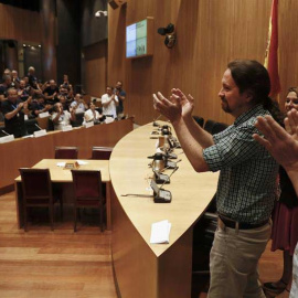 El secretario general de Podemos, Pablo Iglesias durante durante la jornada por la defensa de los servicios públicos organizada por el Grupo Parlamentario Unidas Podemos-En Comú Podem-Galicia en Común en el Congreso de los Diputados. (MARISCAL | EFE)