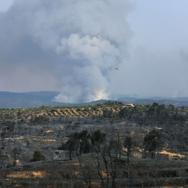 El incendio forestal que quema desde la tarde de ayer en varios términos municipales de la comarca tarraconense de Ribera d'Ebre sigue descontrolado y afecta ya a más de 4.000 hectáreas. EFE/ Jaume Sellart