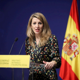 La ministra de Trabajo y Economía Social, Yolanda Díaz, este jueves en la sede del Ministerio en Madrid.