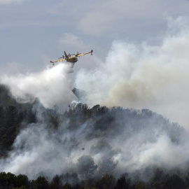 Imagen del incendio en La Pobla de Montornès (Tarragona) donde los Bomberos han desalojado hoy la parte alta de la urbanización Castell de Montornès como medida de precaución ante un incendio que arde sin control en una zona forestal de difícil acces