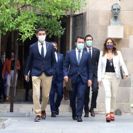 Jordi Puigneró, Pere Aragonès i Laura Vilagrà abans de la reunió del Consell Executiu d'aquest 7 de setembre.