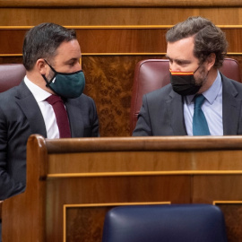 El líder de Vox, Santiago Abascal, conversa con el portavoz de Vox en el Congreso, Iván Espinosa de los Monteros.- Alberto Ortega / Europa Press