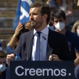 El líder del PP, Pablo Casado, durante el acto final de la convención de su partido en València, el pasado 3 de octubre.