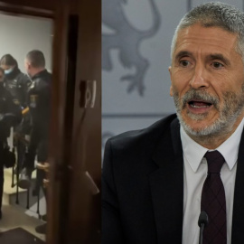 Imagen combinada del ministro del Interior, Fernando Grande-Marlaska, y el momento en el que la Policía derriba la puerta de una vivienda.