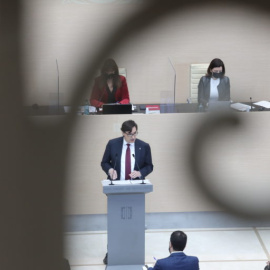 El presidenciable del PSC, Salvador Illa, durant el seu discurs en el debat d'investidura.