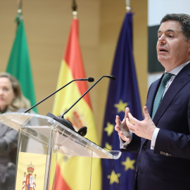 El presidente del Eurogrupo y ministro de Finanzas irlandés, Paschal Donohoe, en una rueda de prensa, a 7 de febrero de 2022, en Madrid (España)