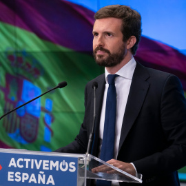 El líder del PP, Pablo Casado, en la sede de Génova 13.