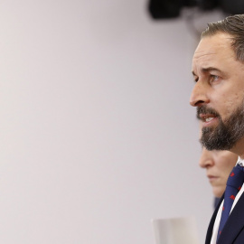 27/06/2019.- El líder de Vox, Santiago Abascal, durante una rueda de prensa en el Congreso. / EFE - BALLESTEROS