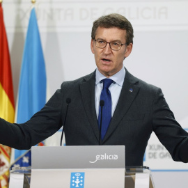 El presidente de la Xunta, Alberto Núñez Feijóo, durante la rueda de prensa que ofreció tras la reunión del consello, esta mañana en Santiago de Compostela.