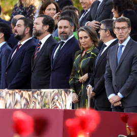 Miembros de Vox, PP y Ciudadanos en el desfile del 12 de octubre. Entre ellos, Santiago Abascal y Alberto Núñez Feijóo.