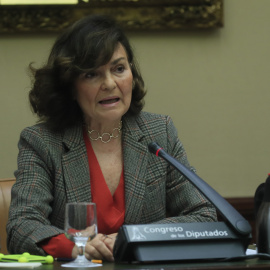 MADRID, 12/12/2022.- La presidenta de la Comisión de Igualdad, Carmen Calvo, durante la Comisión que aprueba el dictamen del proyecto de ley trans, este lunes en el Congreso. EFE/ Fernando Alvarado