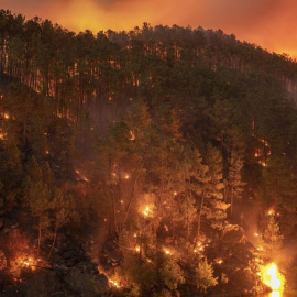 Vista nocturna del incendio forestal en Ribadavia (Ourense).