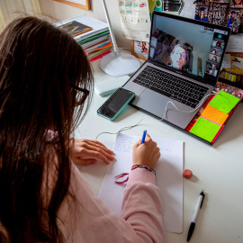 Una estudiante sigue su clase por ordenador.